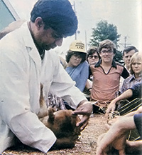The author looks on as his rabbit undergoes a judge's examination at a show.